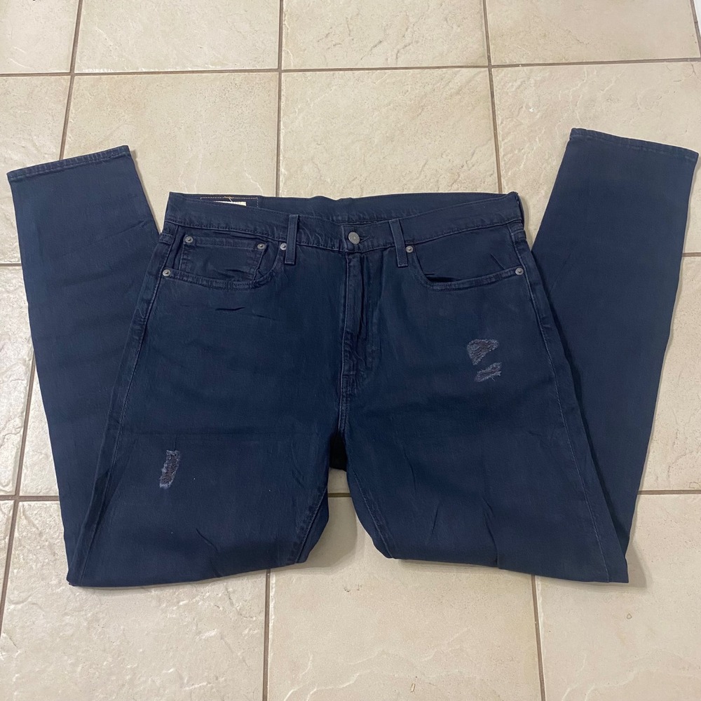 Levis Premium 512 Slim Taper Jeans Mens 36x32 Blue Distressed Ripped Big E